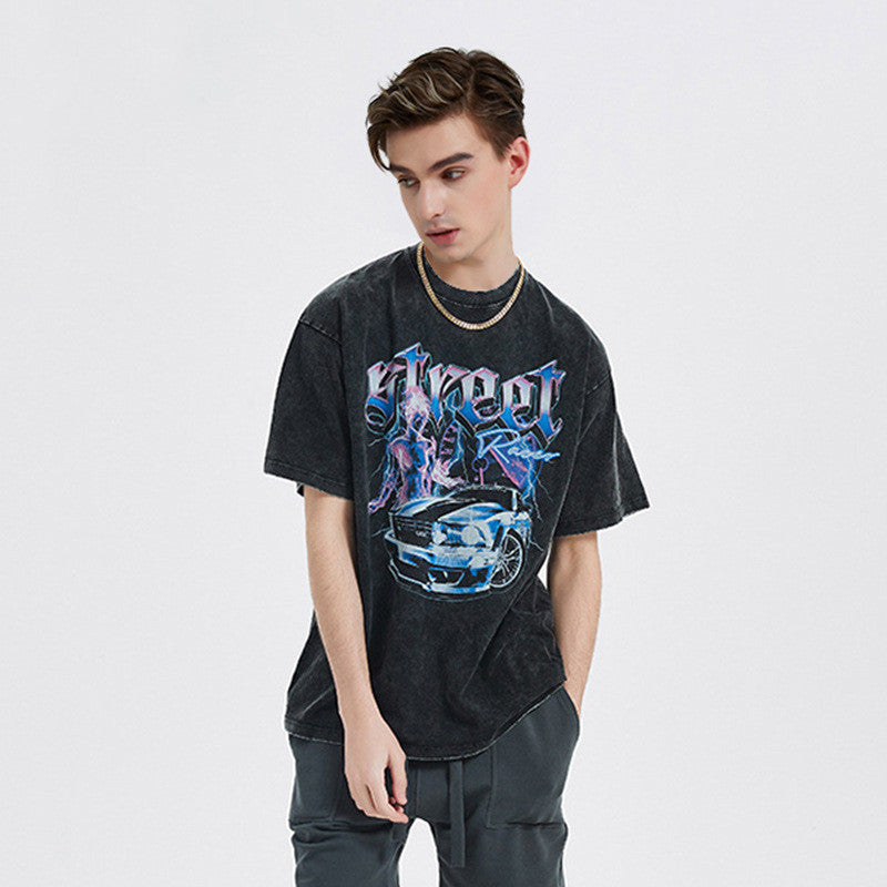 Short Sleeve Car Fire Print Men's T-shirt