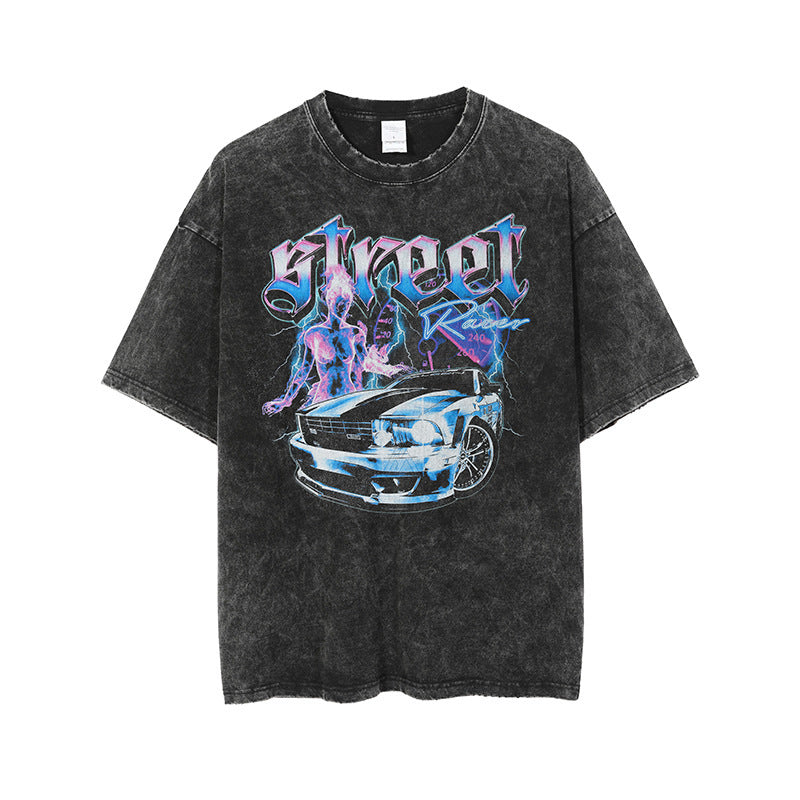 Short Sleeve Car Fire Print Men's T-shirt