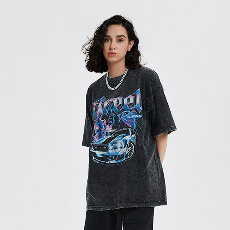 Short Sleeve Car Fire Print Men's T-shirt