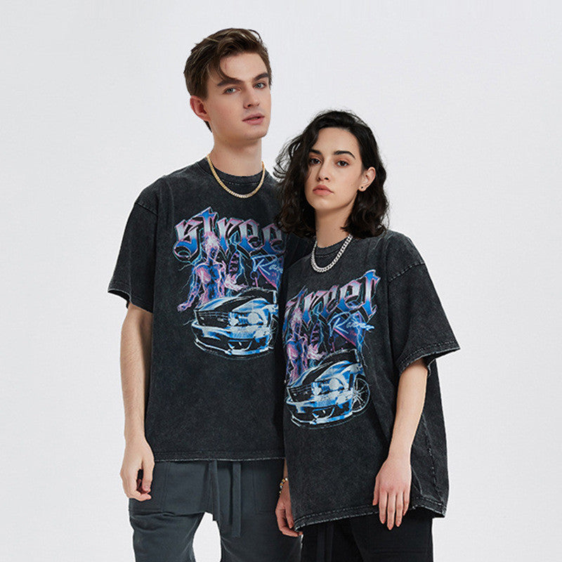 Short Sleeve Car Fire Print Men's T-shirt